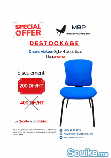 Chaise Visiteur Sylex 4 Pieds - Tissu Bleu